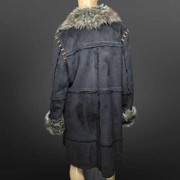 Y2K Penny Lane Coat Size L Jones New York Black Faux Suede Faux Fur Trim Boho - Picture 7 of 11